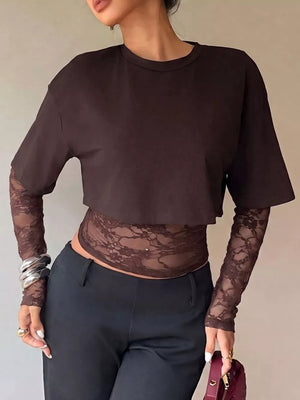 Lace Patchwork Short Sleeve T-shirt in Brown