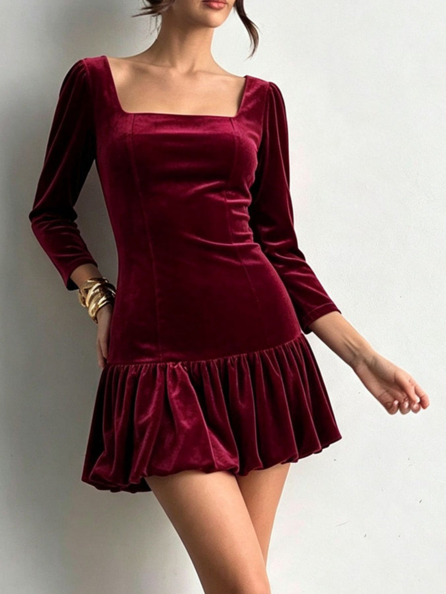 Burgundy mini dress with ruffled hem and 3/4 sleeve