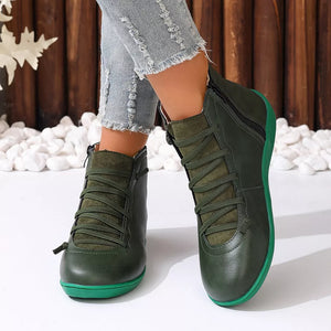 Green ankle boots with ankle-length and lace-up, zip-front
