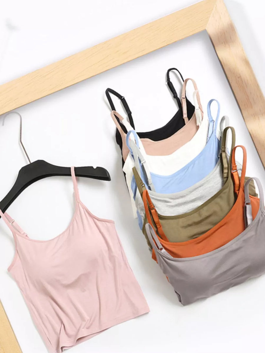 Sculpting modal padded tank tops in multiple colors including light blue, caramel, army green, black, and milky white.