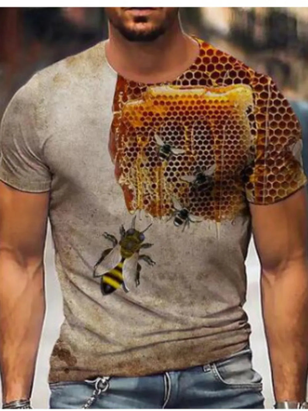 Men's round neck t-shirt in sage with a bold honeycomb and bee print, cotton blend.