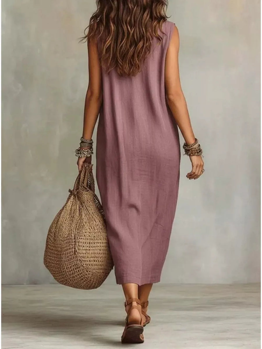 Navy Full Size Cowl Neck Sleeveless Midi Dress