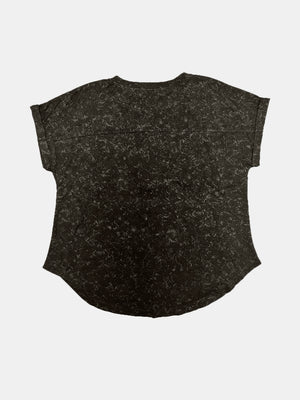 Black t-shirt with a distressed marble print and cuffed sleeves.