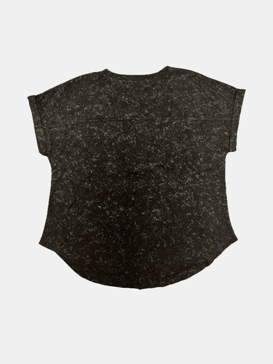 Black t-shirt with a distressed marble print and cuffed sleeves.
