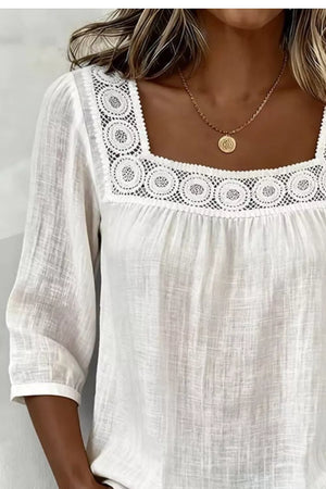 White polyester blouse with square neck and crochet trim detail