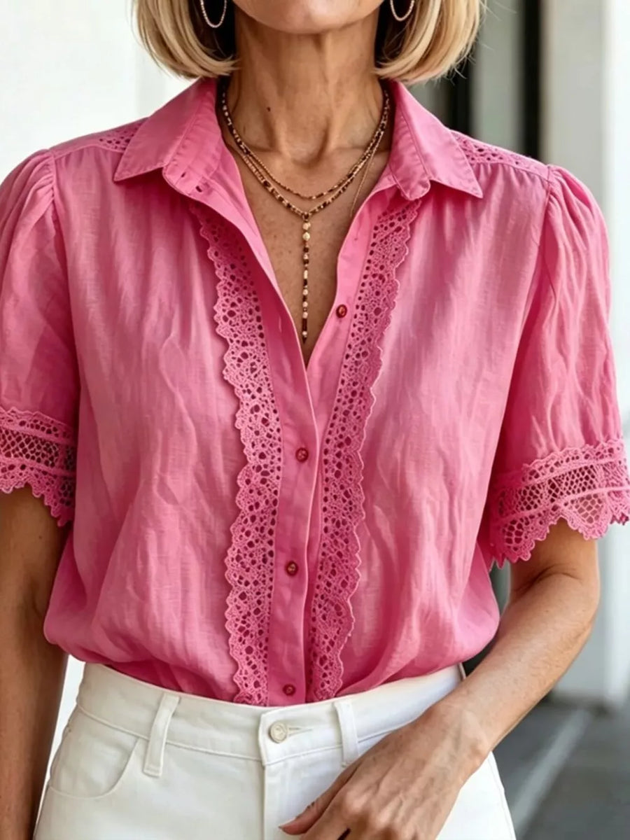 Hot Pink button-down shirt with hip-length and button-front