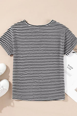Textured knit t-shirt with horizontal stripes, short sleeves, and a notched neckline.