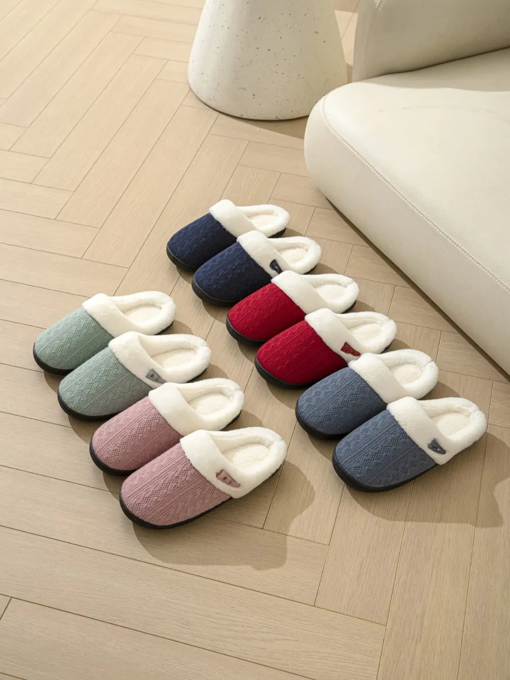 Cable knit shearling house slippers in Dusty Blue, Tan, Black, Deep Red, Dark Navy, Dusty Pink, Gum Leaf.