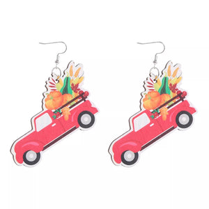 Red truck dangle earrings with pumpkins and fall leaves, Style A