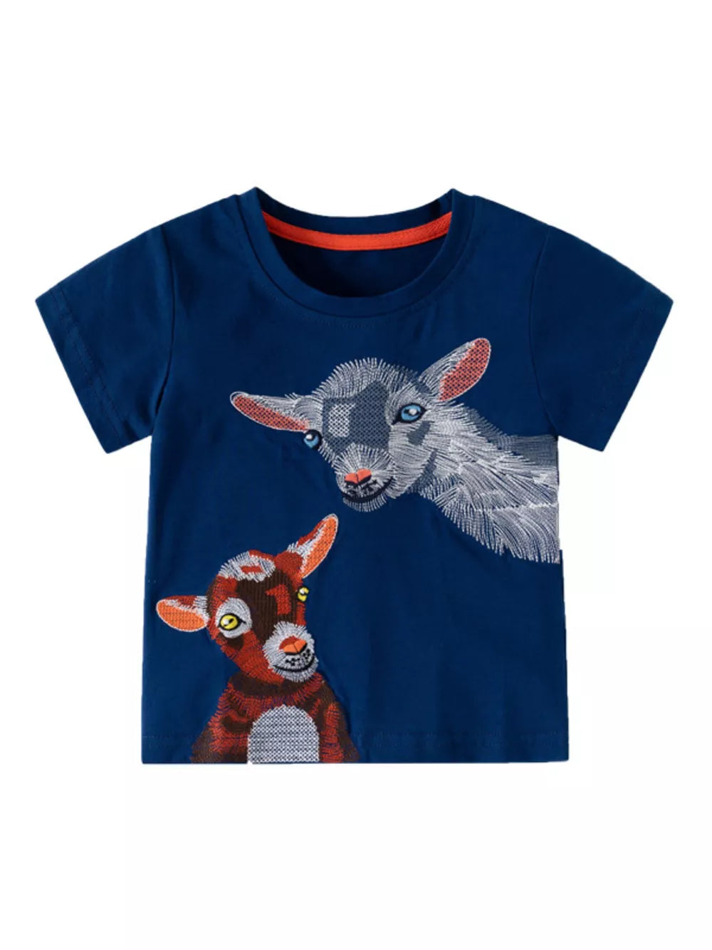 Navy toddler t-shirt with embroidered goats and orange trim