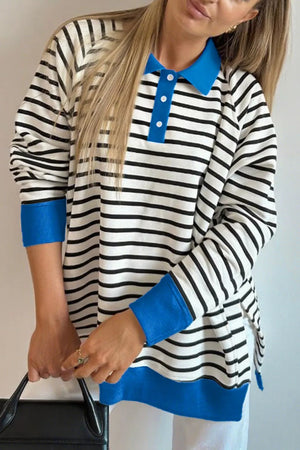 Polo collar long-sleeve sweatshirt with black and white stripes and blue accents.