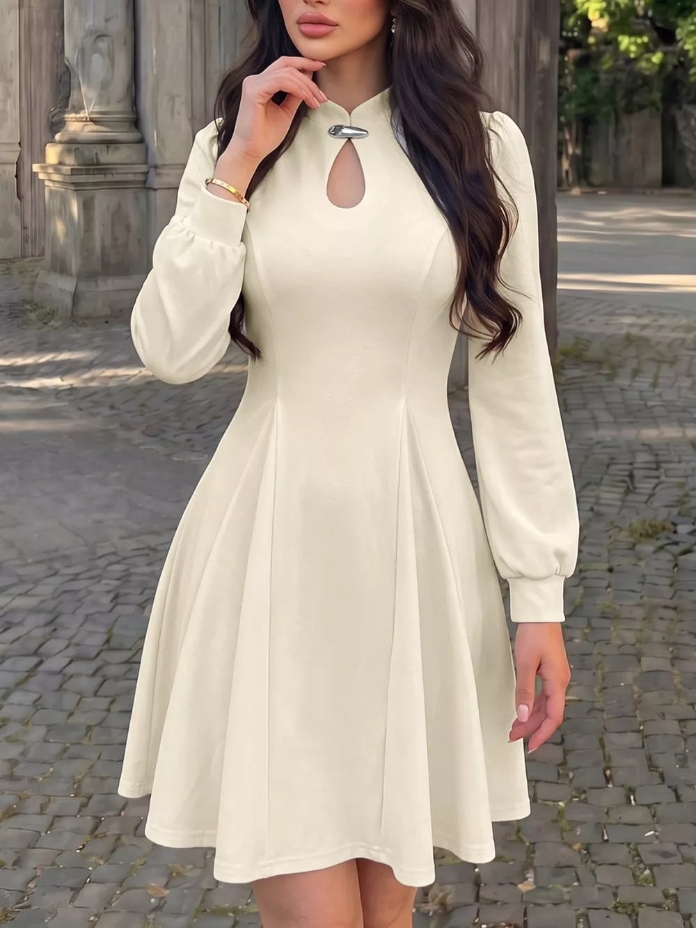 mini dress in ivory featuring zipper and A-line fit