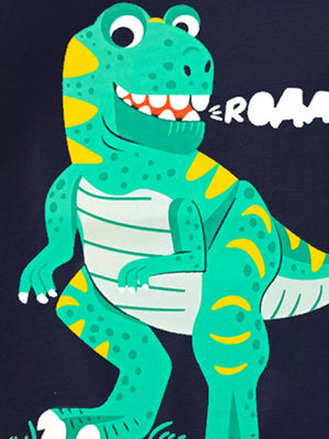 Graphic tee with a green dinosaur print and yellow accents, saying ROAR.