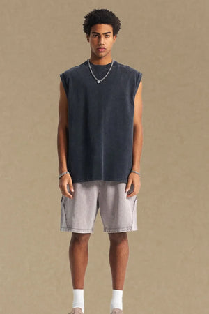 Black washed cotton muscle tee with relaxed fit and crew neck.