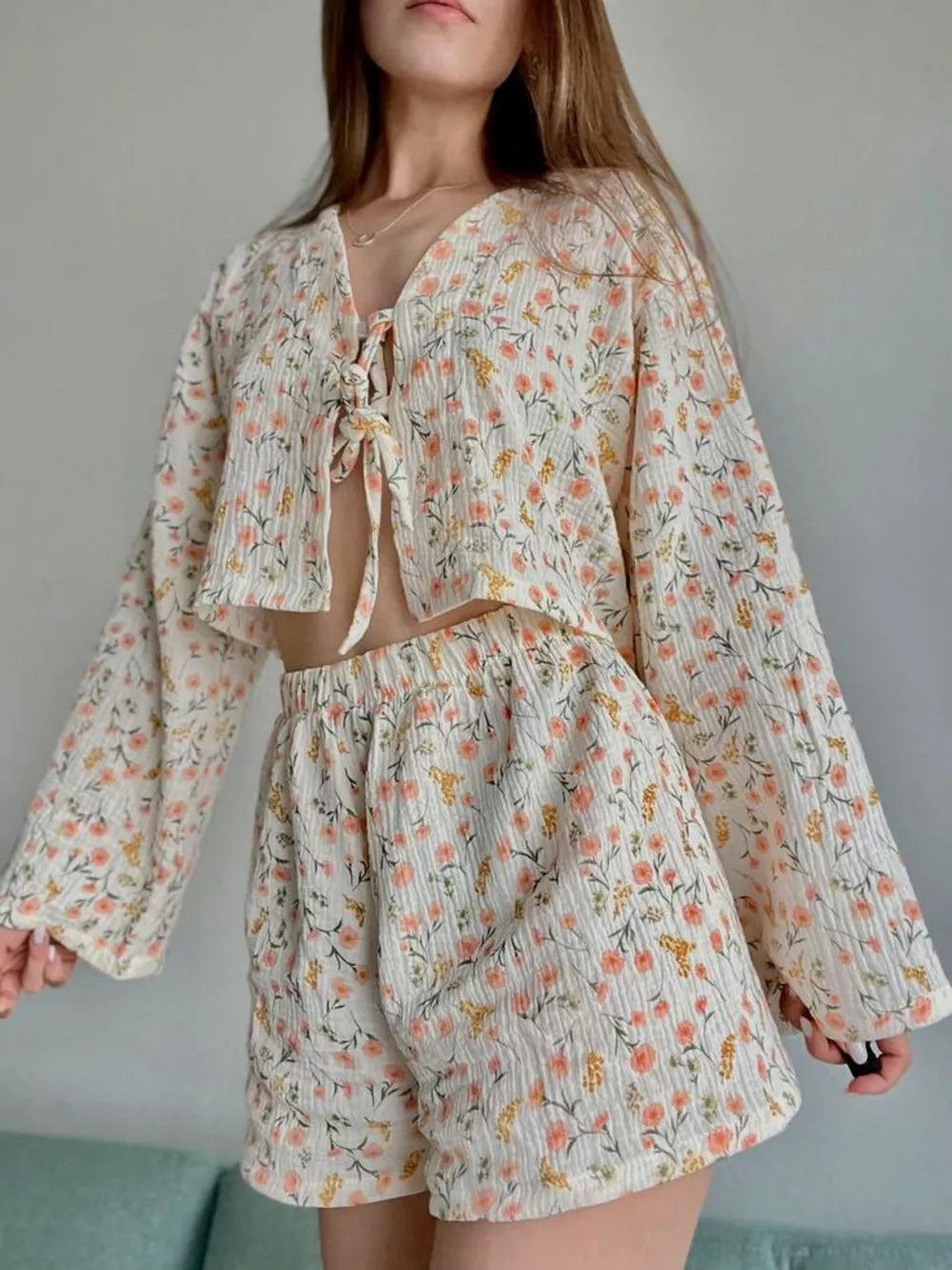 cream lounge set with ditsy floral and v-neck