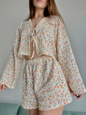 cream lounge set with ditsy floral and v-neck