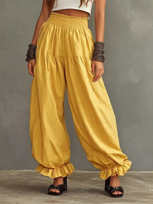 Full Size Smocked Ruffle Hem Wide Leg Pants in Black