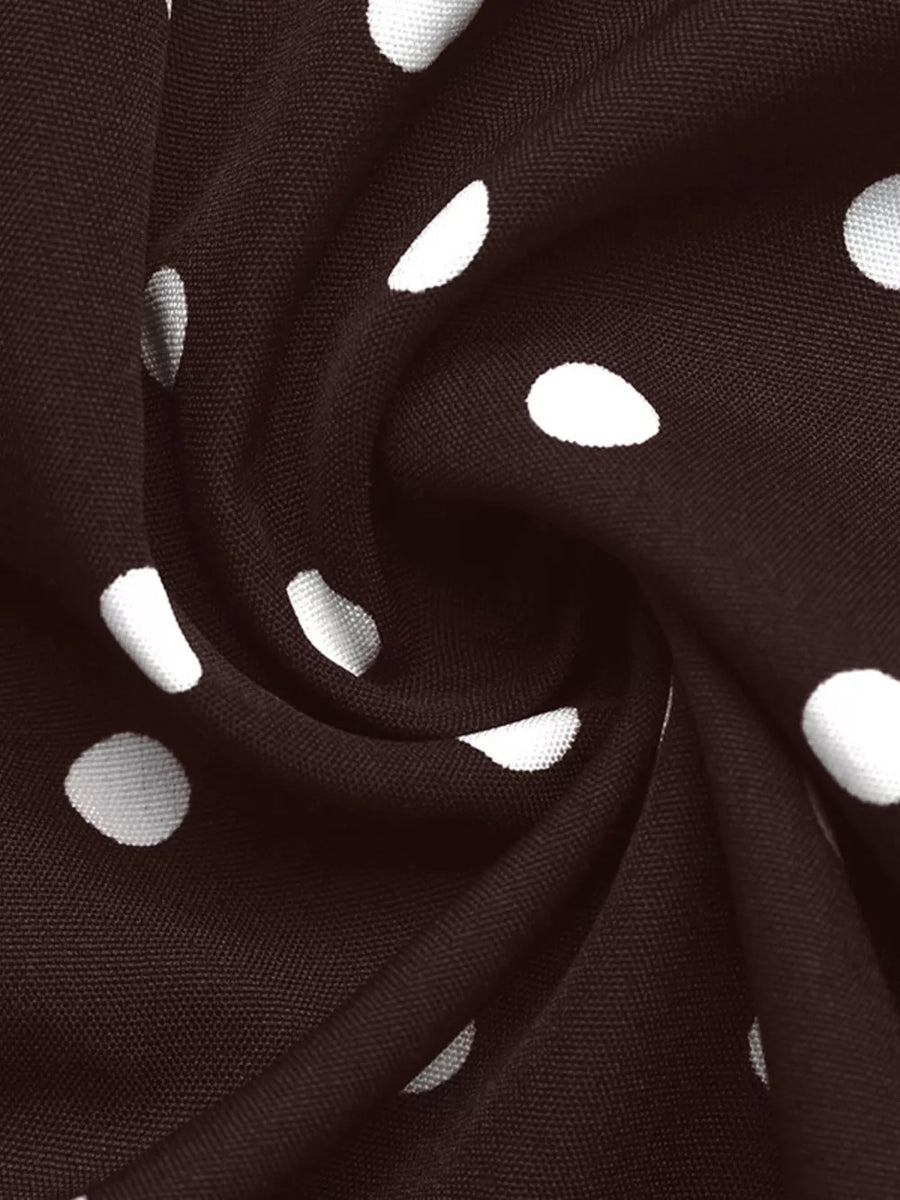 Polka Dot Flare Sleeve Tie Neck Dress in Coffee Brown, view 12