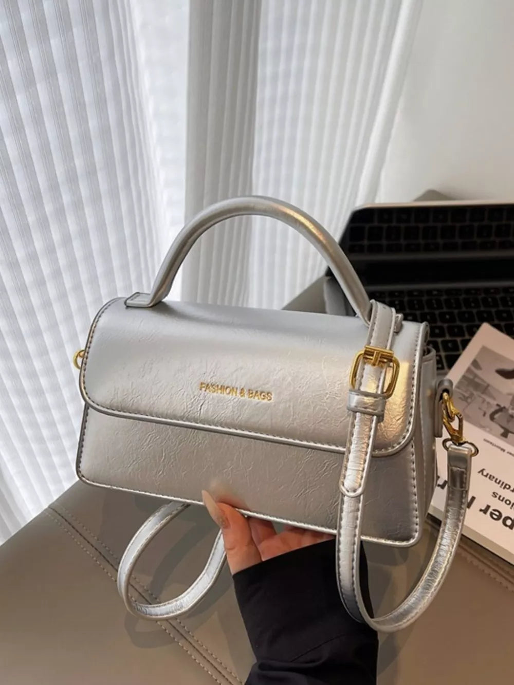 Top Handle Flap Mini Crossbody Bag in Silver