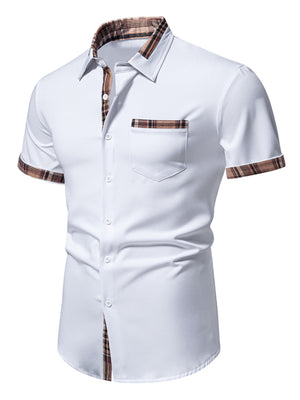 White short sleeve cotton shirt with plaid collar, pocket and cuffs