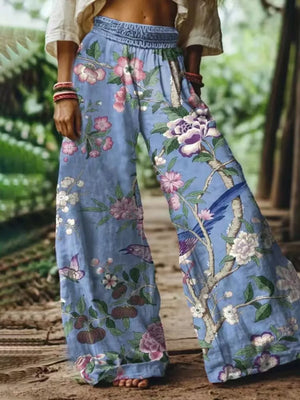 wide-leg pants in Cerise with floral and elastic waist