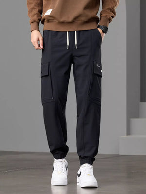 Men S Casual Cargo Pants With Drawstring Waist in Black