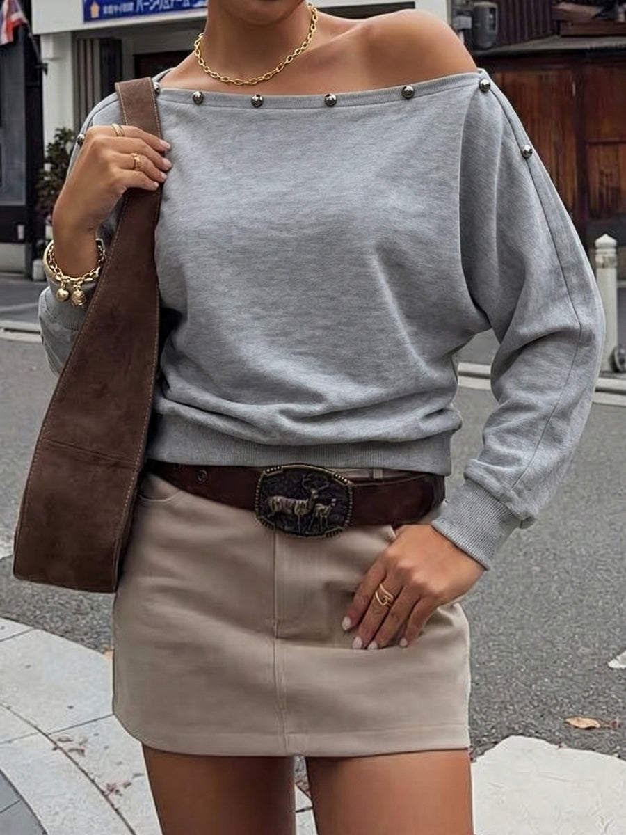 light gray off-shoulder top with hip-length and pullover