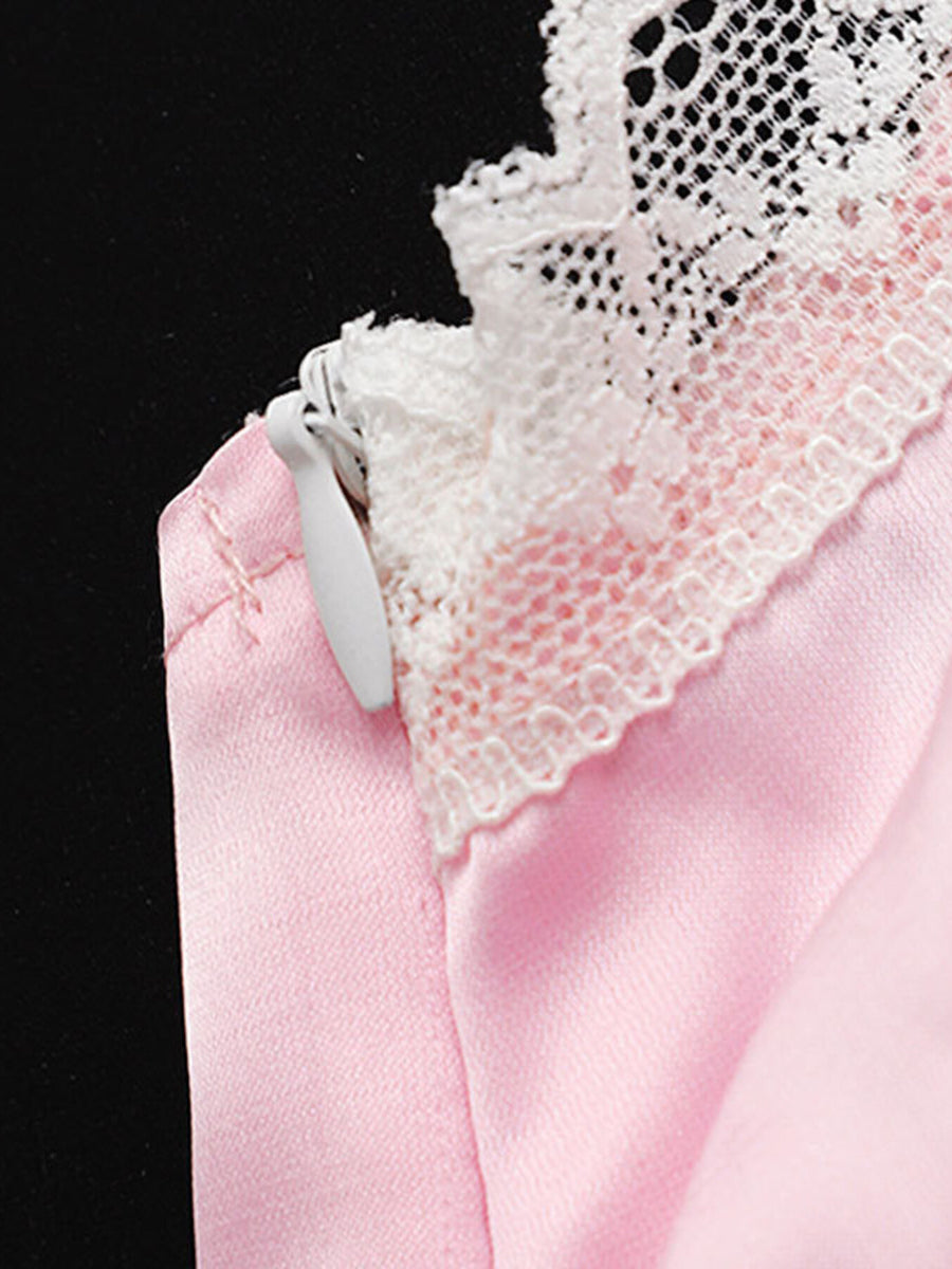 Pink satin camisole with white lace trim and side zipper detail
