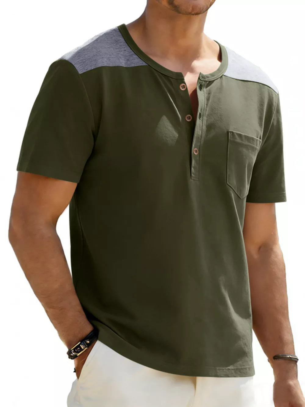 Men's army green henley t-shirt with gray shoulder detail and chest pocket.