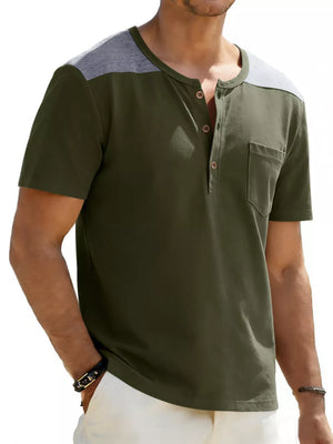 Men's army green henley t-shirt with gray shoulder detail and chest pocket.