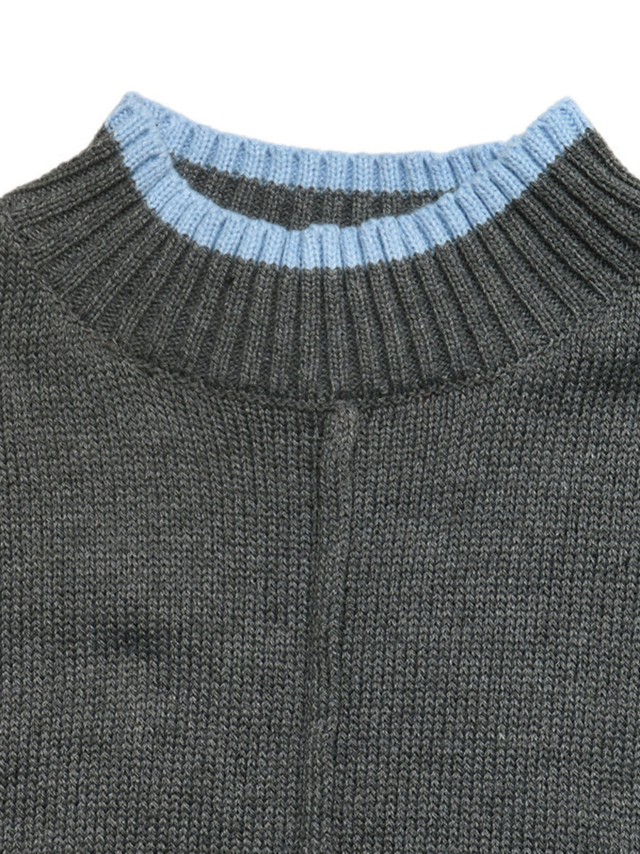 charcoal crewneck sweater with ribbed cuffs and long sleeve