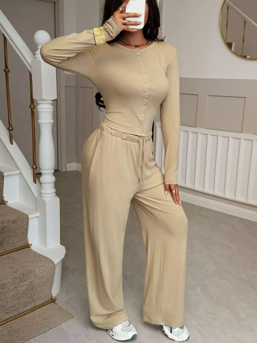 Apricot button-front long sleeve top and wide-leg pants set with drawstring waist.