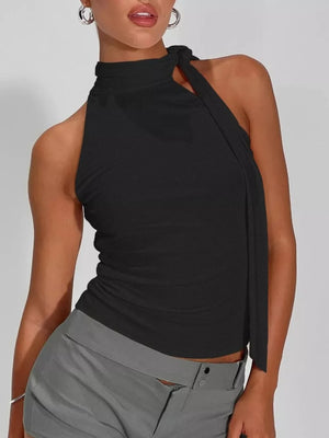 Black halter neck top with tie detail and cutout neckline