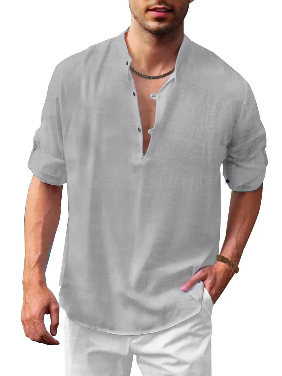 Gray linen henley shirt with mandarin collar and roll-up sleeves