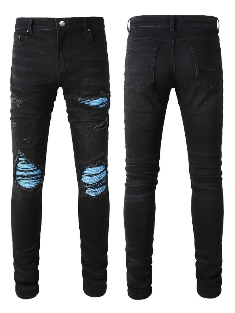 Black distressed denim jeans with azure underlay detail