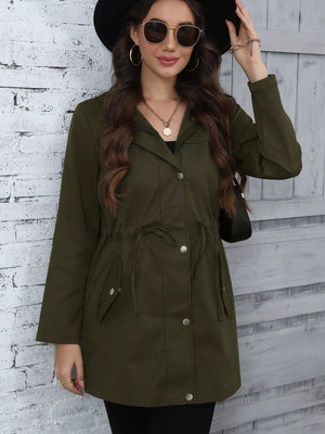 Army green hooded drawstring casual jacket with button details and pockets.