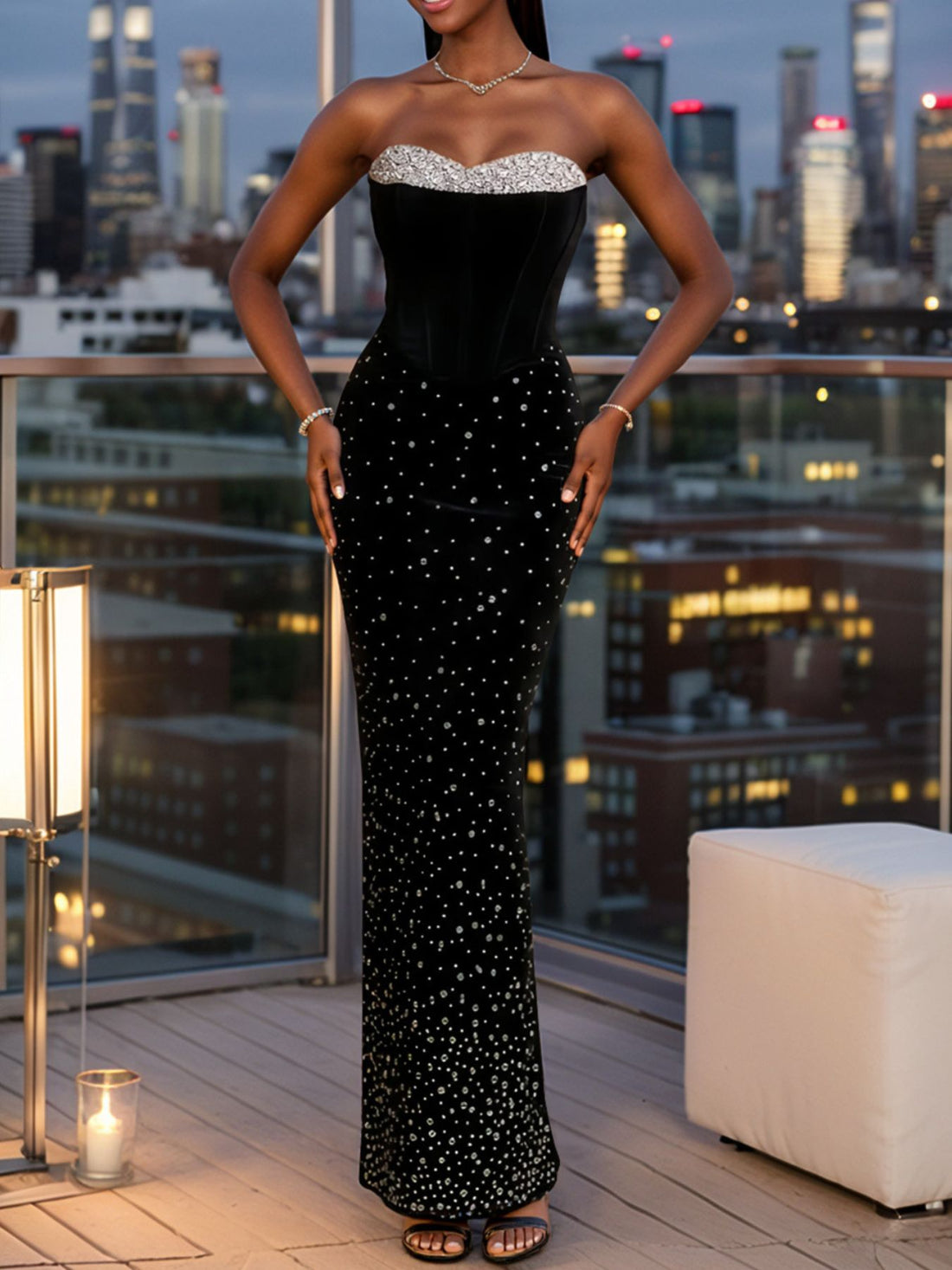 maxi dress in black featuring rhinestone and fitted fit