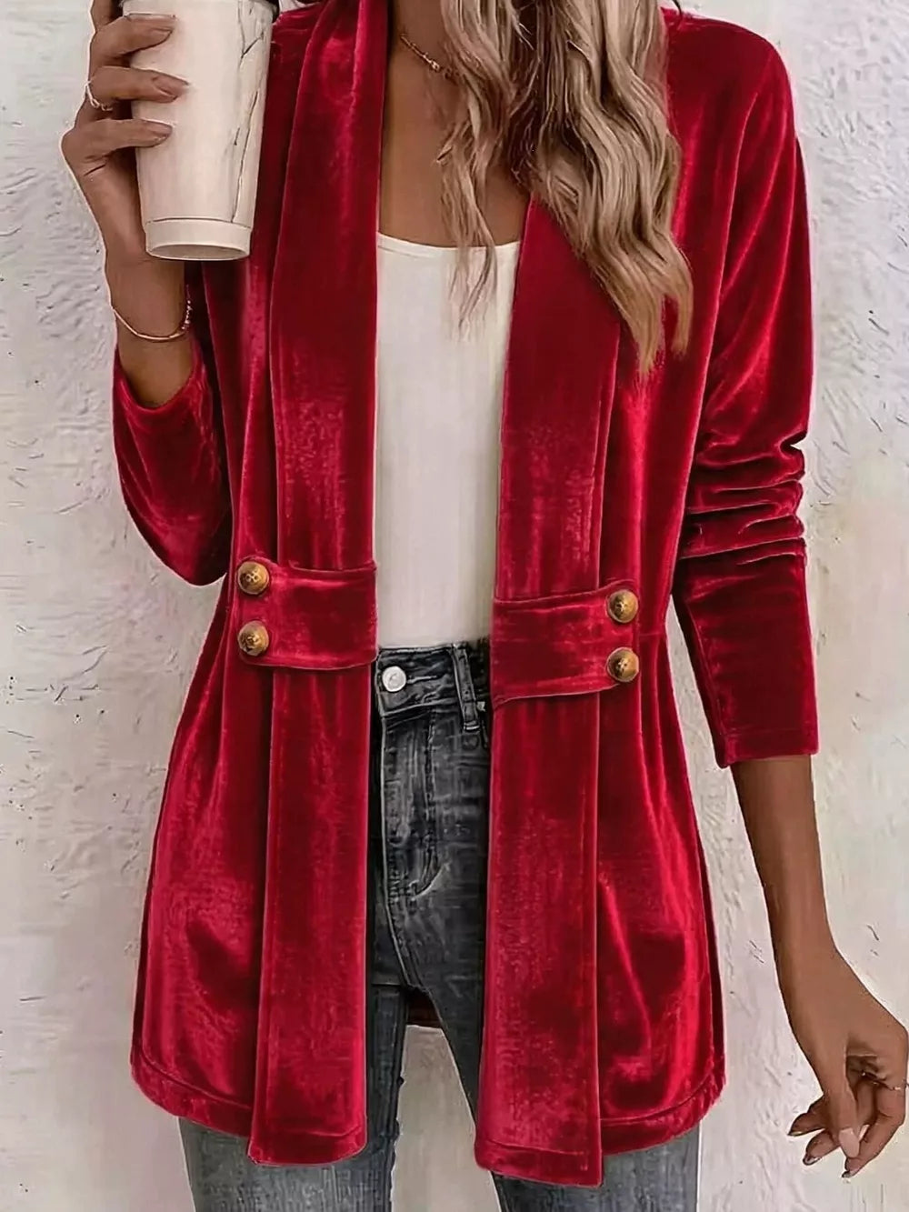 Full Size Velvet Open-front Cardigan Plus Size in Sky Blue with decorative button