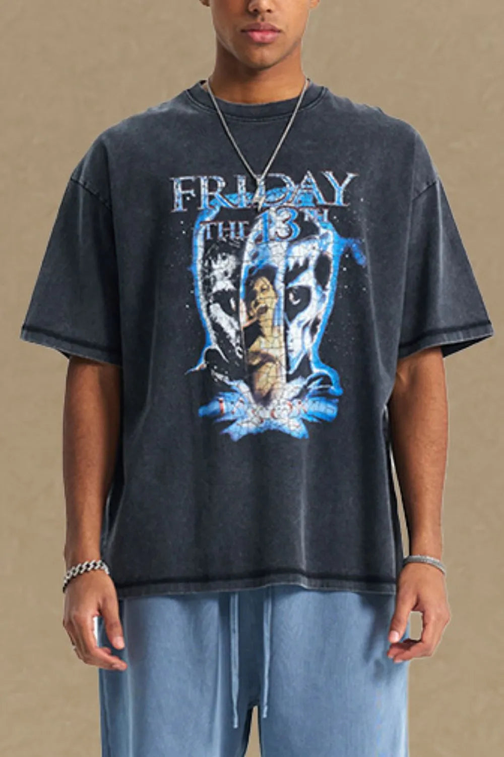 Vintage wash black graphic tee with Friday the 13th horror movie print.