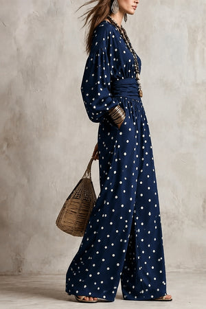 mustard yellow jumpsuit with pullover and polka dot