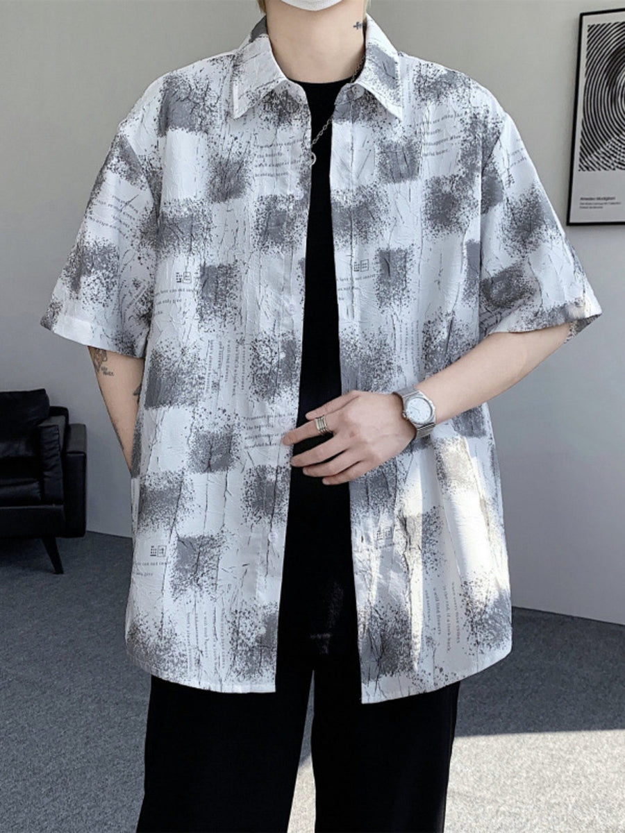 Men's short sleeve button-down shirt with abstract grey and white print, cotton.