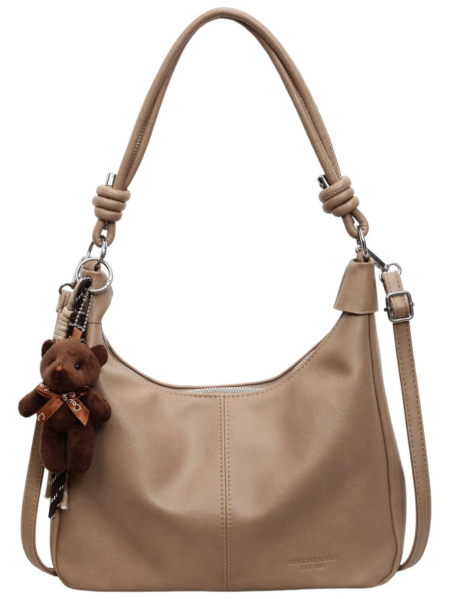 Medium Zip PU Leather Crossbody Bag in Khaki with stitching detail