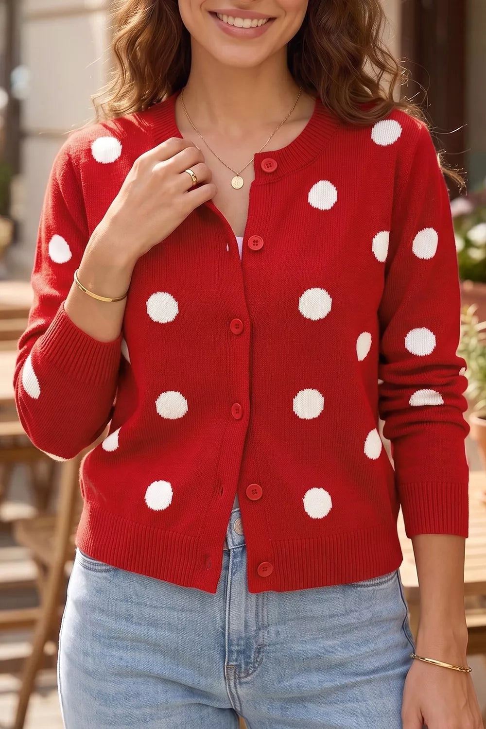 red cardigan with polka dot and crew neck