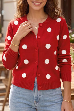 red cardigan with polka dot and crew neck