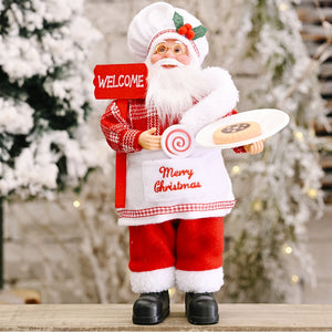 Festive Tartan Santa figurine in red with white trim, holding a welcome sign and a cookie.