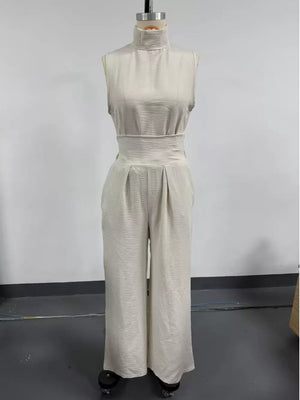 Army Green Sleeveless Wide-leg Jumpsuit With Smocked Waist