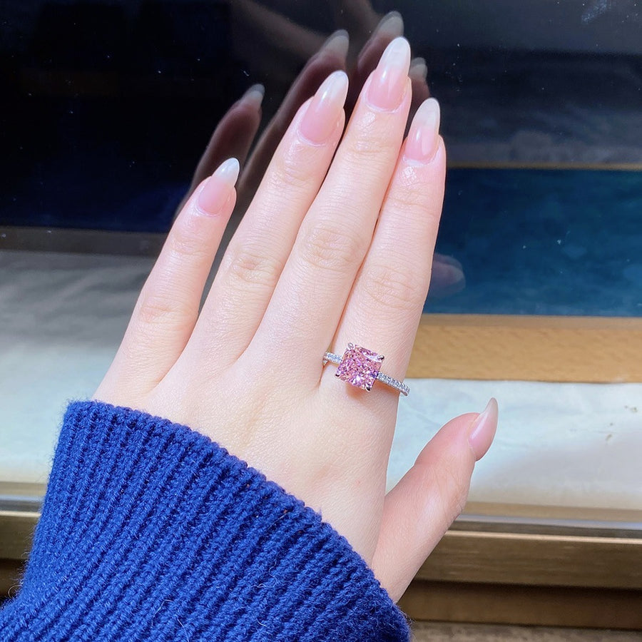 Pave 925 Sterling Silver Zircon Square Ring in pink