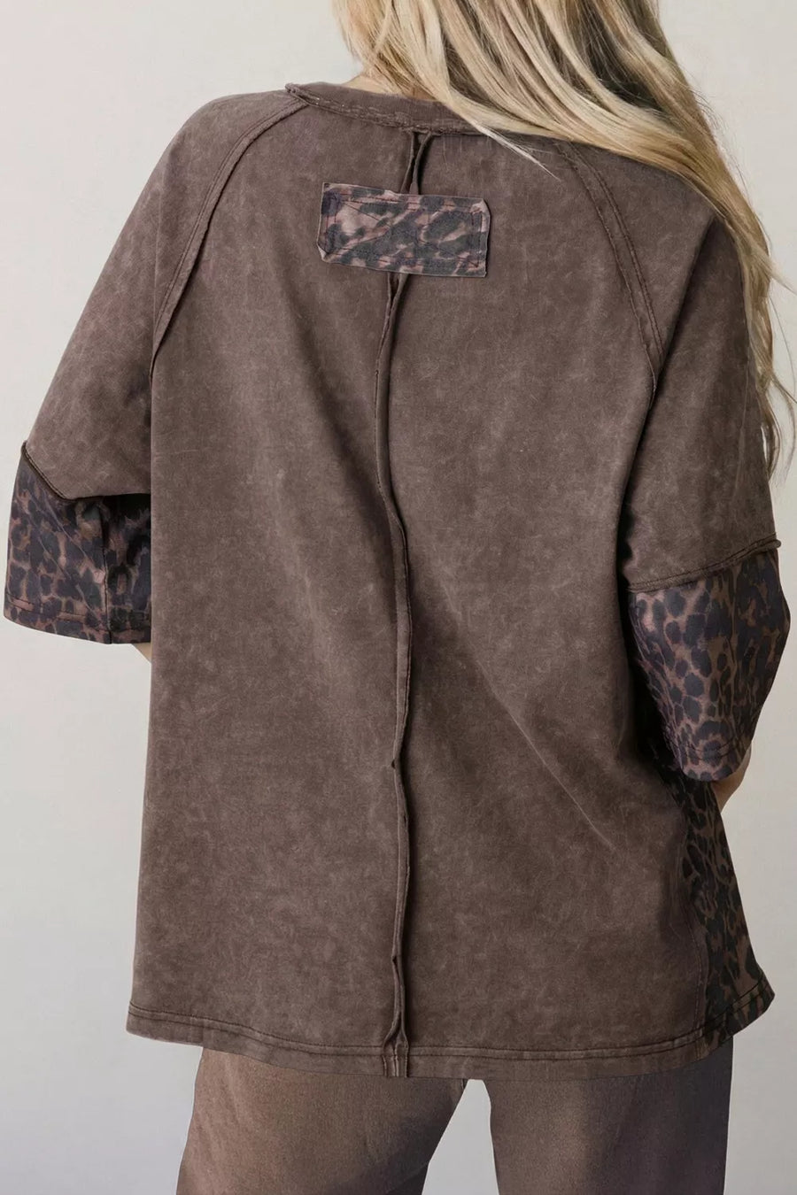 Brown mineral wash t-shirt with leopard print sleeves and back detail.