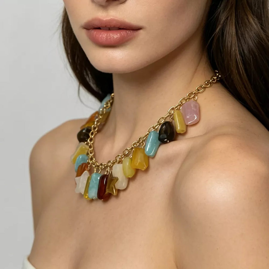 Gold with Bohemian Multi-color Gemstone 18k Gold-plated Necklace
