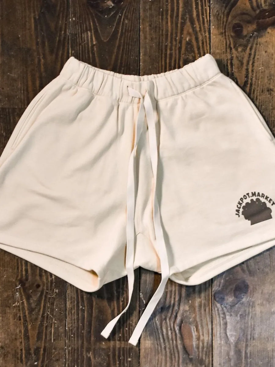 Ivory fleece drawstring shorts with market logo detail